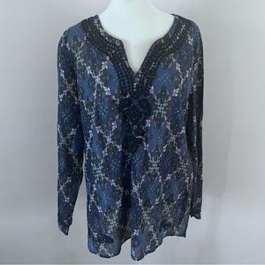 Life Style Bohochic Embroidered Beaded Metallic Printed V-neck Tunic Blouse |XL|